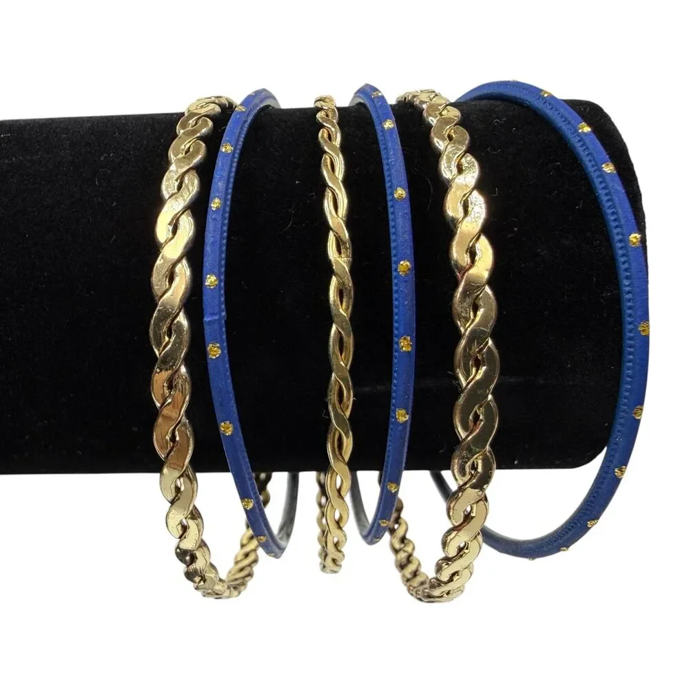 6 PC Blue Gold Tone Braided Twisted Smooth Bangle Bracelet Fashion Jewelry 7.5 